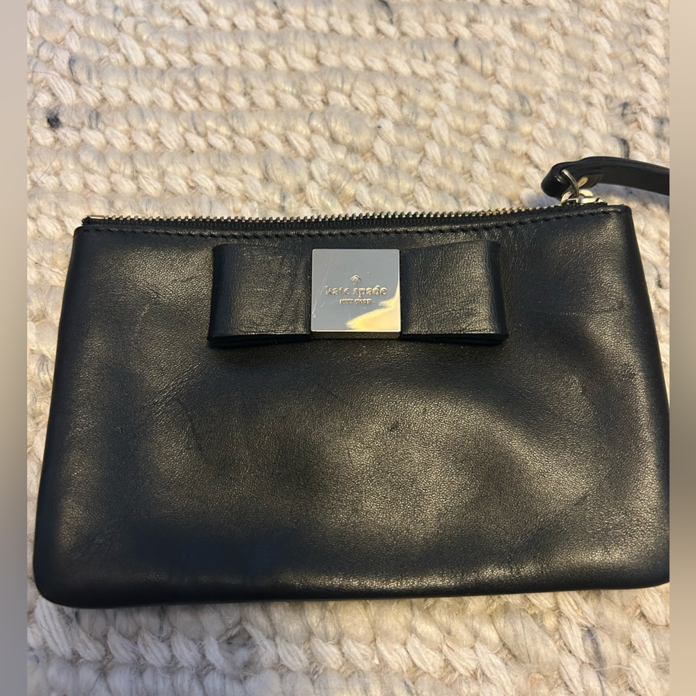 Kate Spade Black Leather Wristlet with Bow Accent